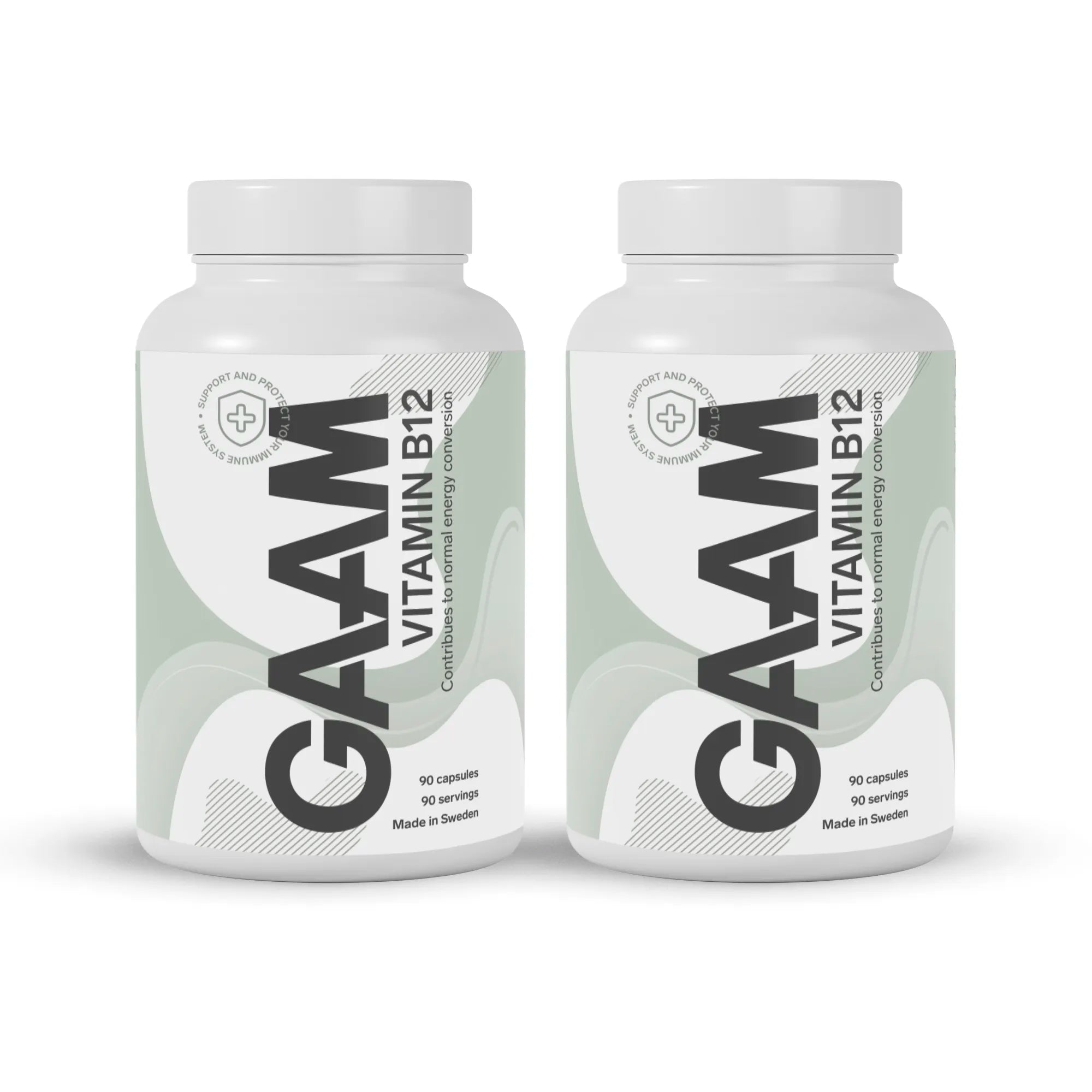 2 x GAAM Vitamin B12 90 caps -vitamiinilisä kahdessa valkoisessa purkissa vaaleanvihreillä yksityiskohdilla.