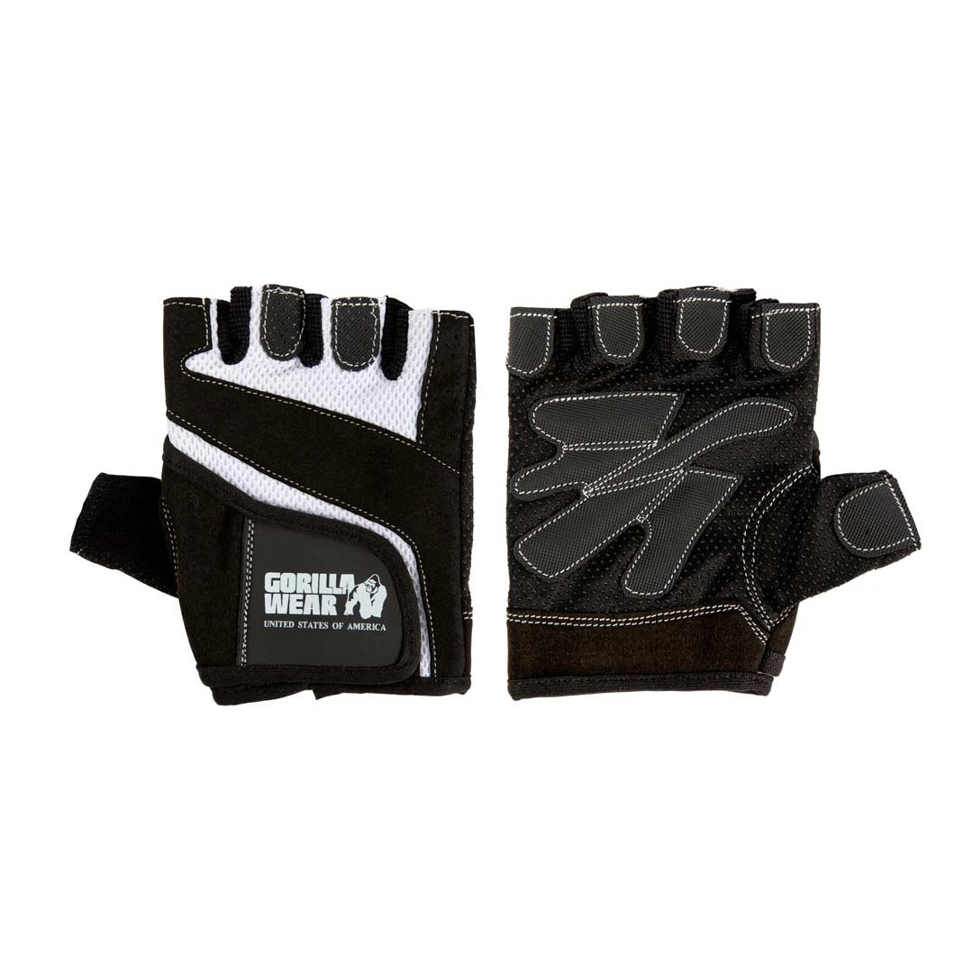 Mustavalkoiset Gorilla Wear Womens Fitness Gloves Black/White -treenihanskat hengittävällä verkolla ja tarranauhalla.