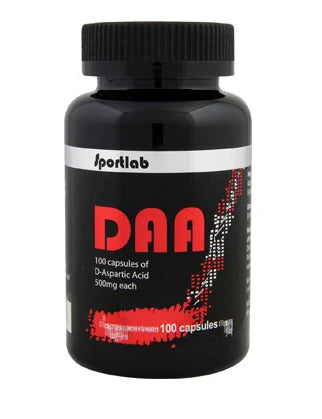 Sportlab DAA Natural Testobooster 100 caps -ravintolisä mustassa purkissa punaisilla ja hopeisilla yksityiskohdilla.