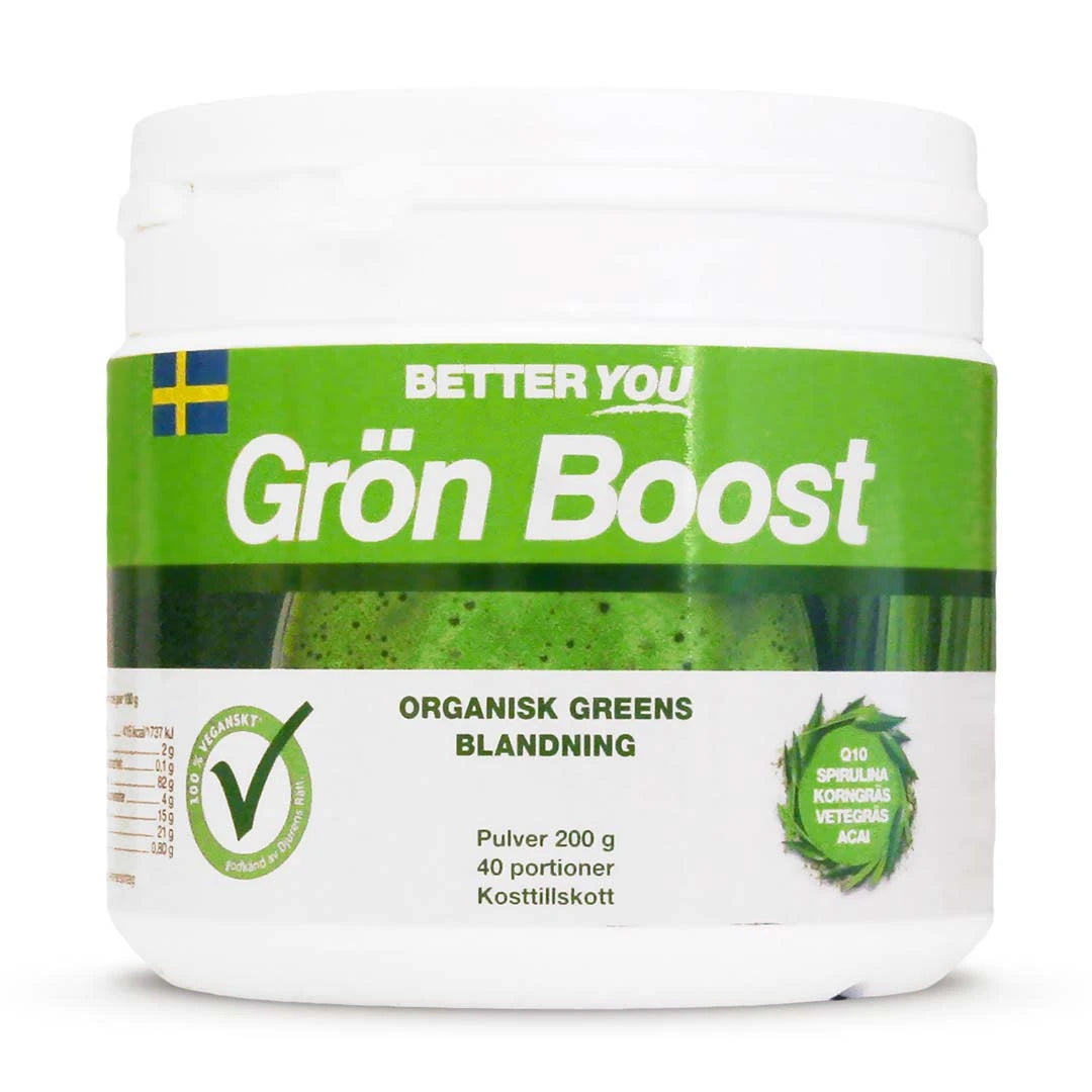 Better You Grön Boost Pulver 200 g, vegaaninen viherjauhesekoitus valkoisessa muovipurkissa vihreällä etiketillä.