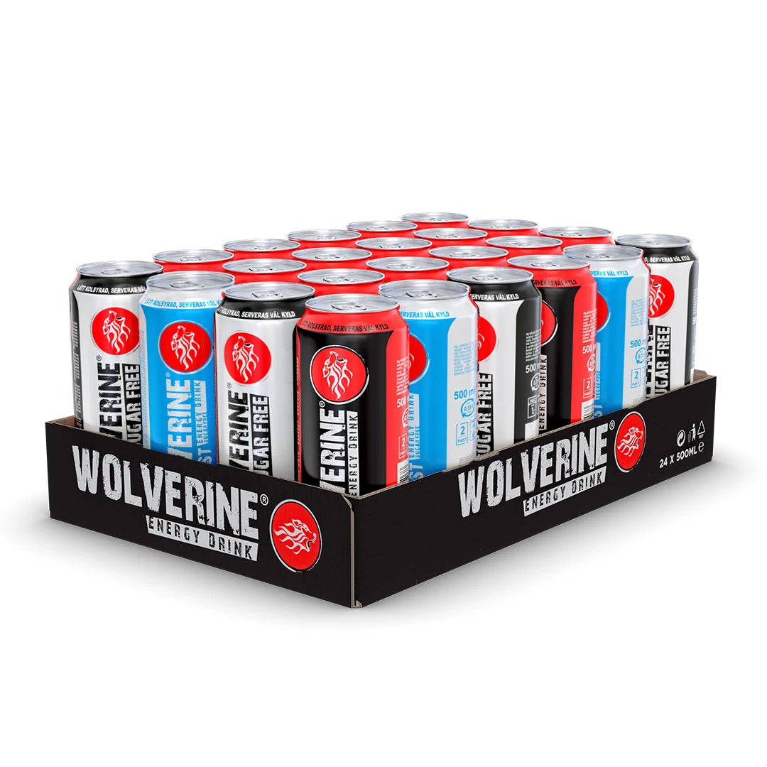 24 x Wolverine Energy Drink 500 ml Mixflak mustassa laatikossa valkoisia, sinisiä, punaisia ja mustia energiajuomatölkkejä.