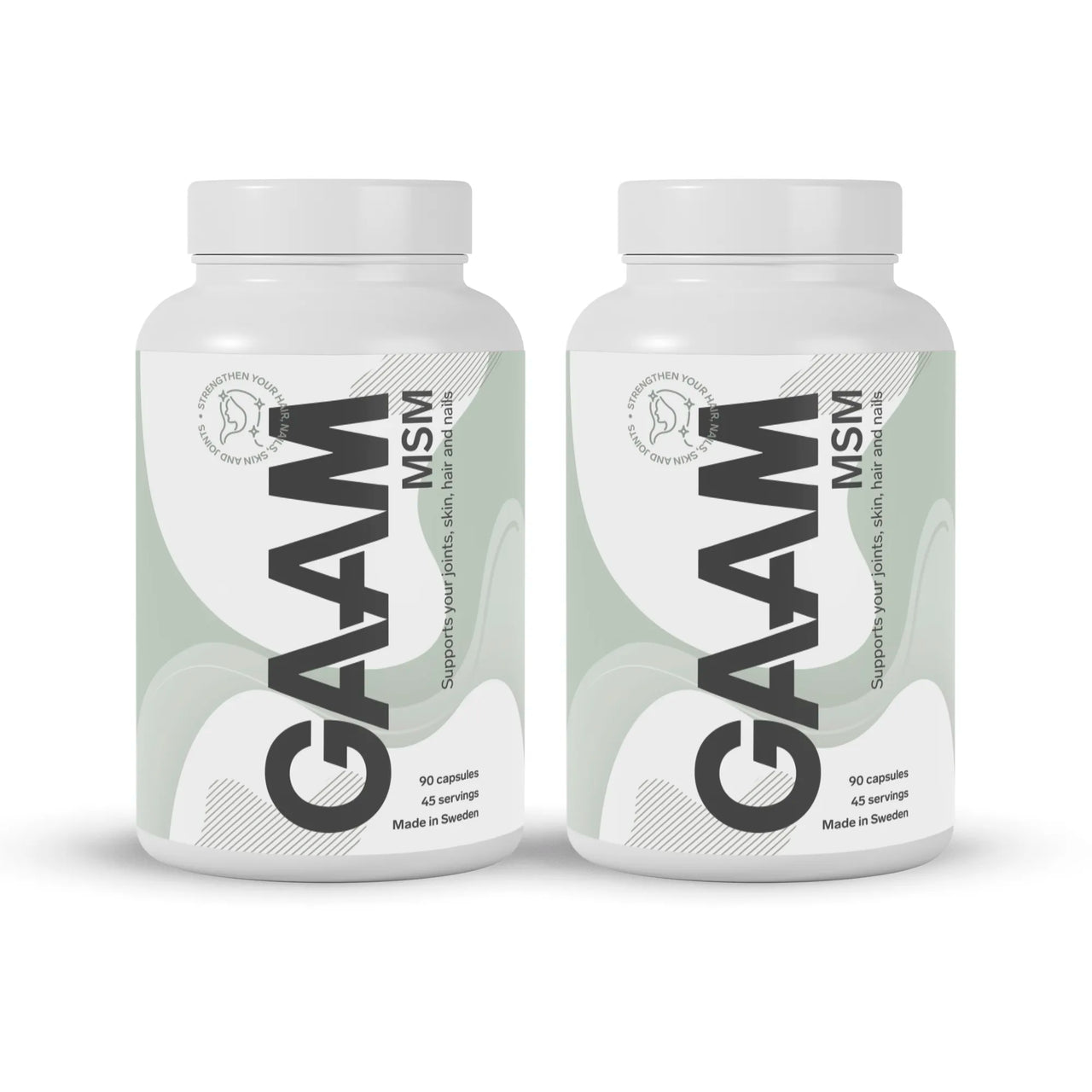 2 x GAAM MSM 90 caps kahdessa valkoisessa purkissa vihreillä yksityiskohdilla ja tummanharmaalla tekstillä.