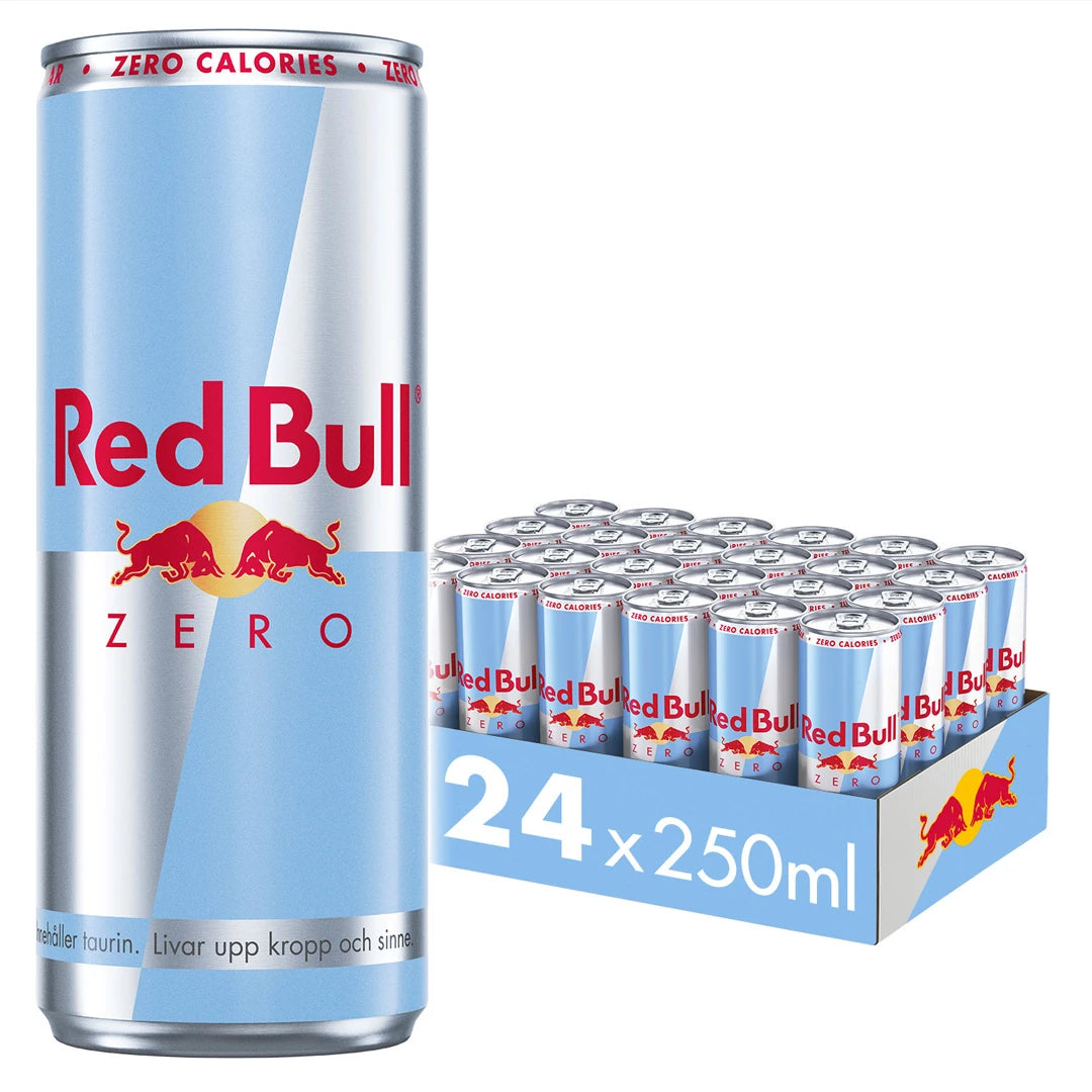 24 x Red Bull energiajuoma 250 ml ZERO laatikossa, jossa on hopean- ja vaaleansinisiä tölkkejä.
