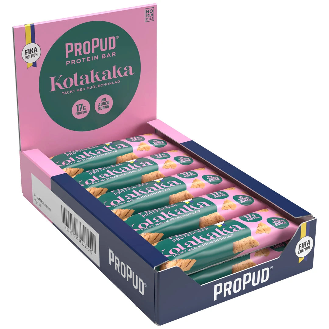 12 x NJIE ProPud Proteinbar 55 g Kolakaka vaaleanpunaisessa ja tummansinisessä esittelylaatikossa.
