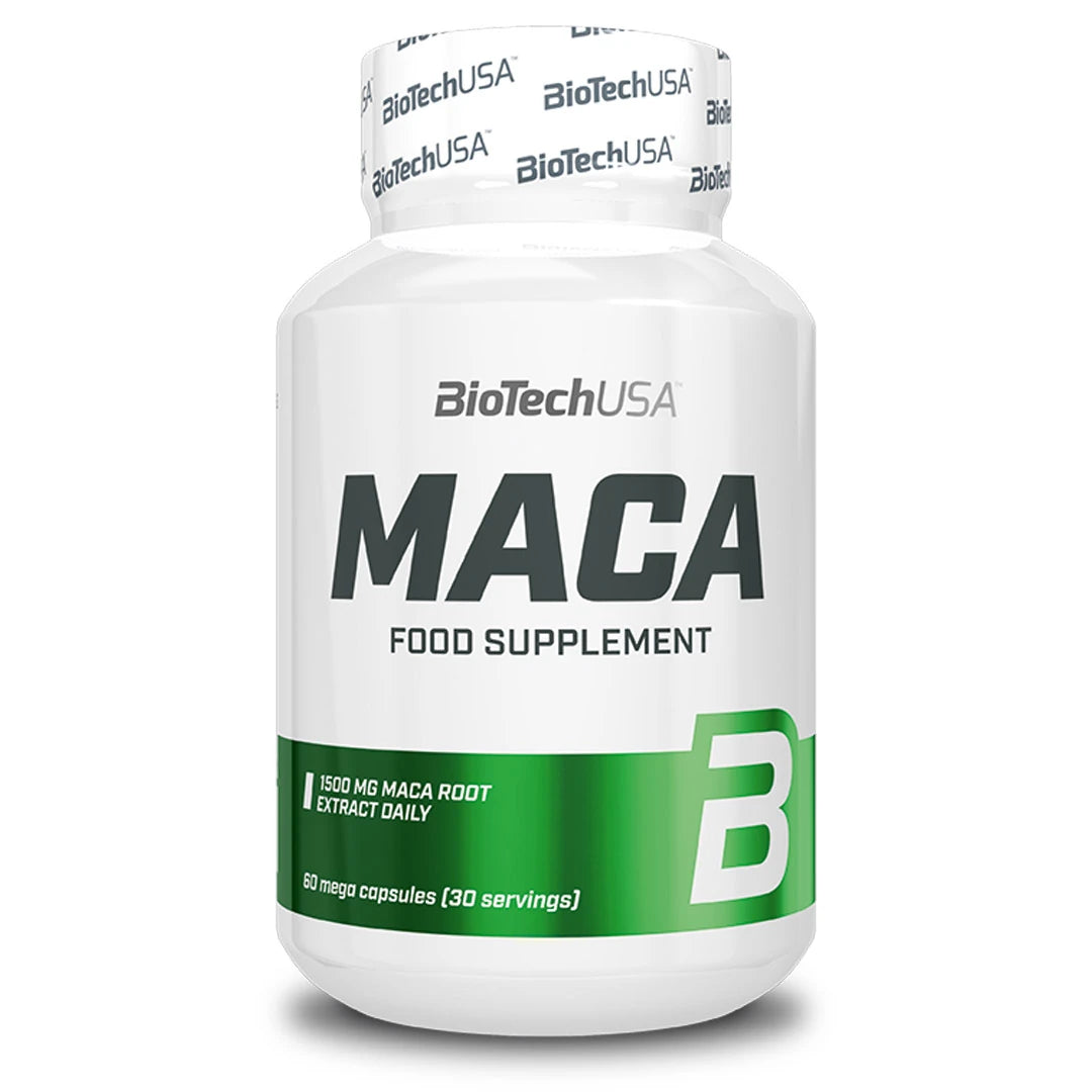 BioTechUSA MACA 60 caps -suorituskykyä parantava ravintolisä valkoisessa purkissa vihreillä yksityiskohdilla.