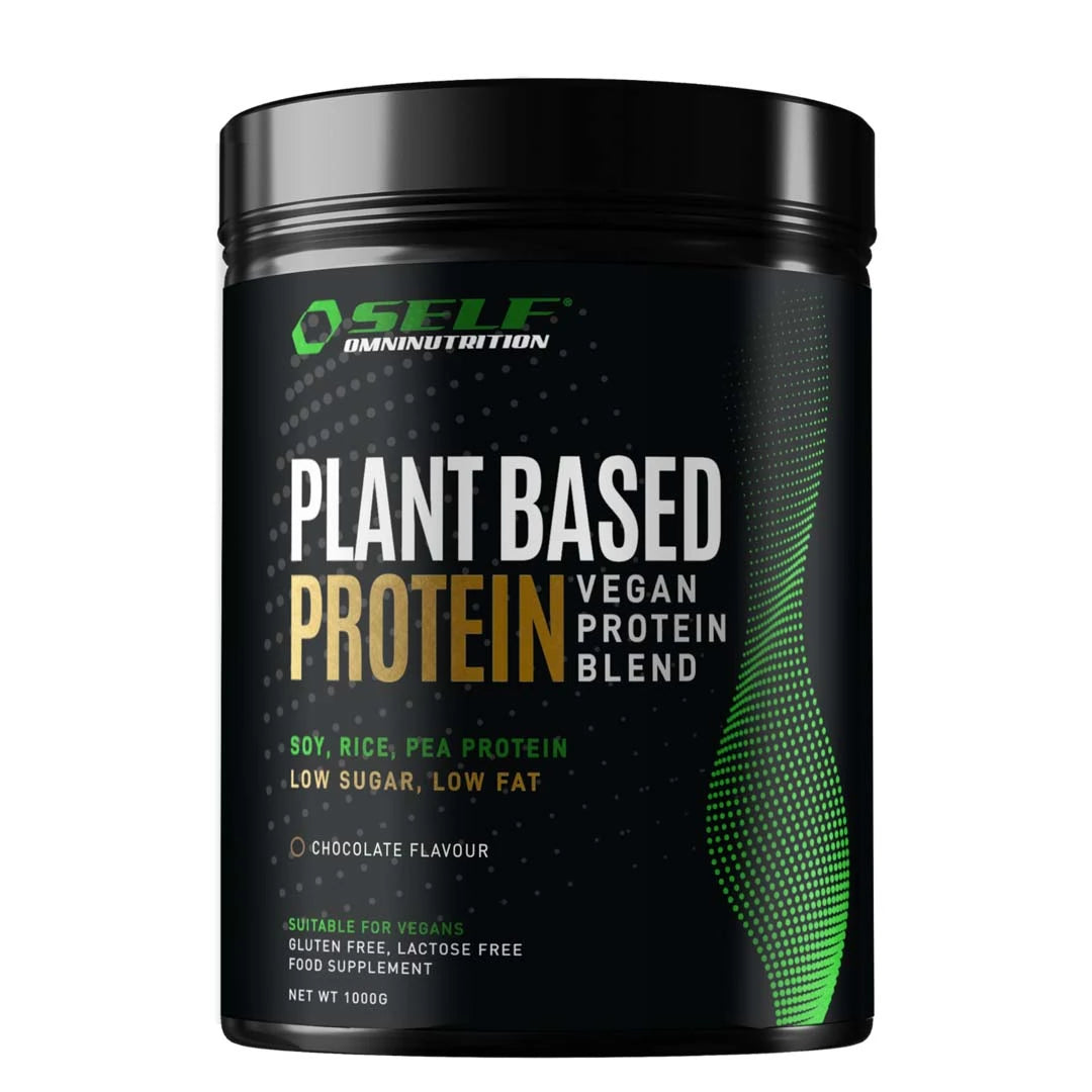 Self Omninutrition Plant Based Protein 1 kg -vegaaniproteiinijauhe mustassa purkissa, makuna suklaa.