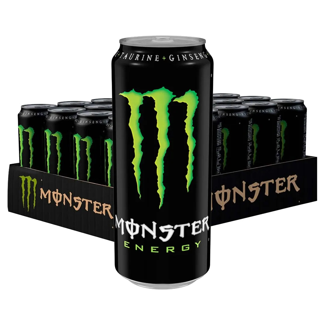 24 x Monster Energy 500 ml Original mustalla alustalla, jossa on mustia tölkkejä ja klassinen vihreä Monster-logo.