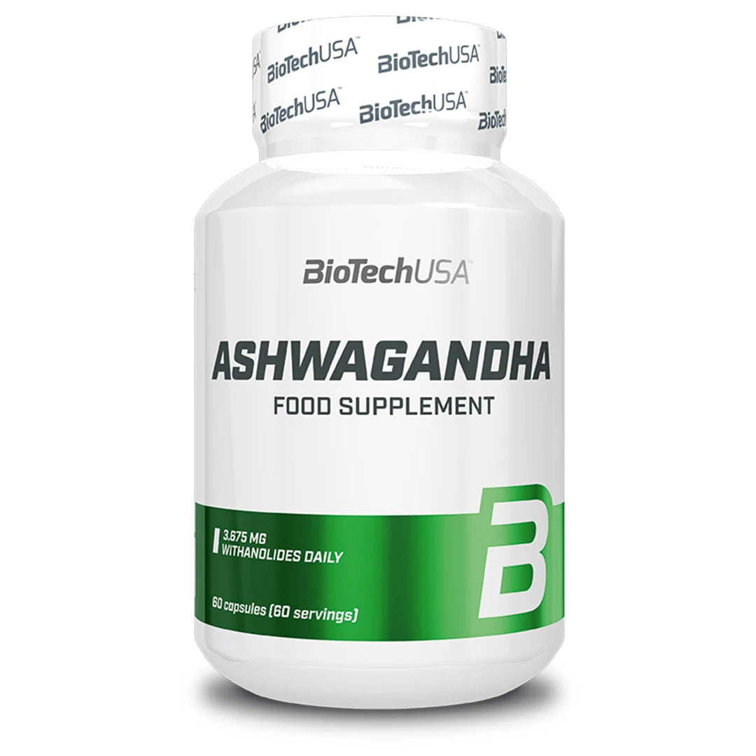 BioTechUSA Ashwagandha 60 caps -ravintolisä valkoisessa purkissa vihreillä yksityiskohdilla.