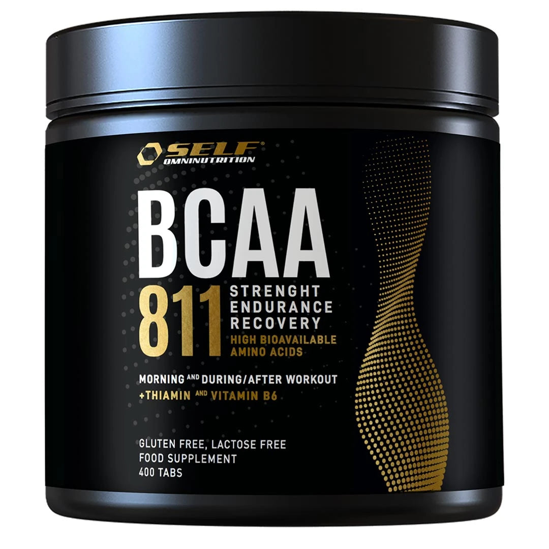 Self Omninutrition Essential BCAA 811 400 tabs mustassa purkissa, jossa on valkoisia ja kultaisia yksityiskohtia.