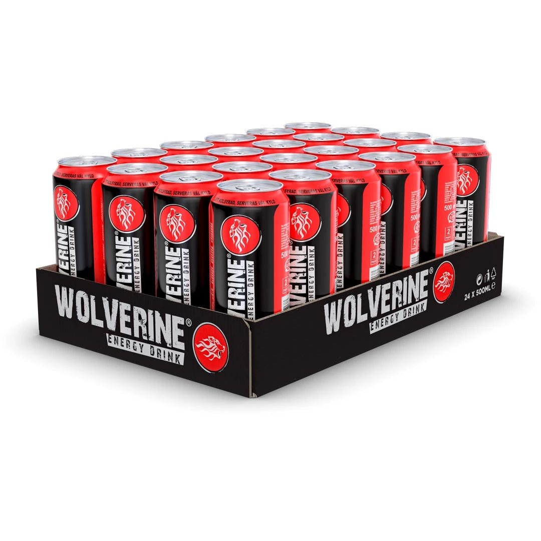 24 x Wolverine Energy Drink 500 ml Original mustassa laatikossa, mustat ja punaiset tölkit valkoisella leijonalogolla.