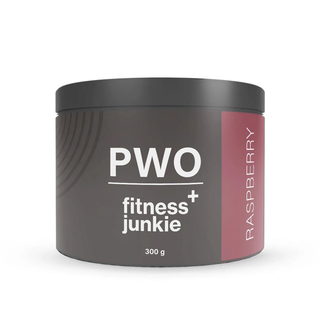 fitnessjunkie PWO 300 g tummanharmaassa purkissa vaaleanpunaisilla yksityiskohdilla, makuna Raspberry., kuva 2/3