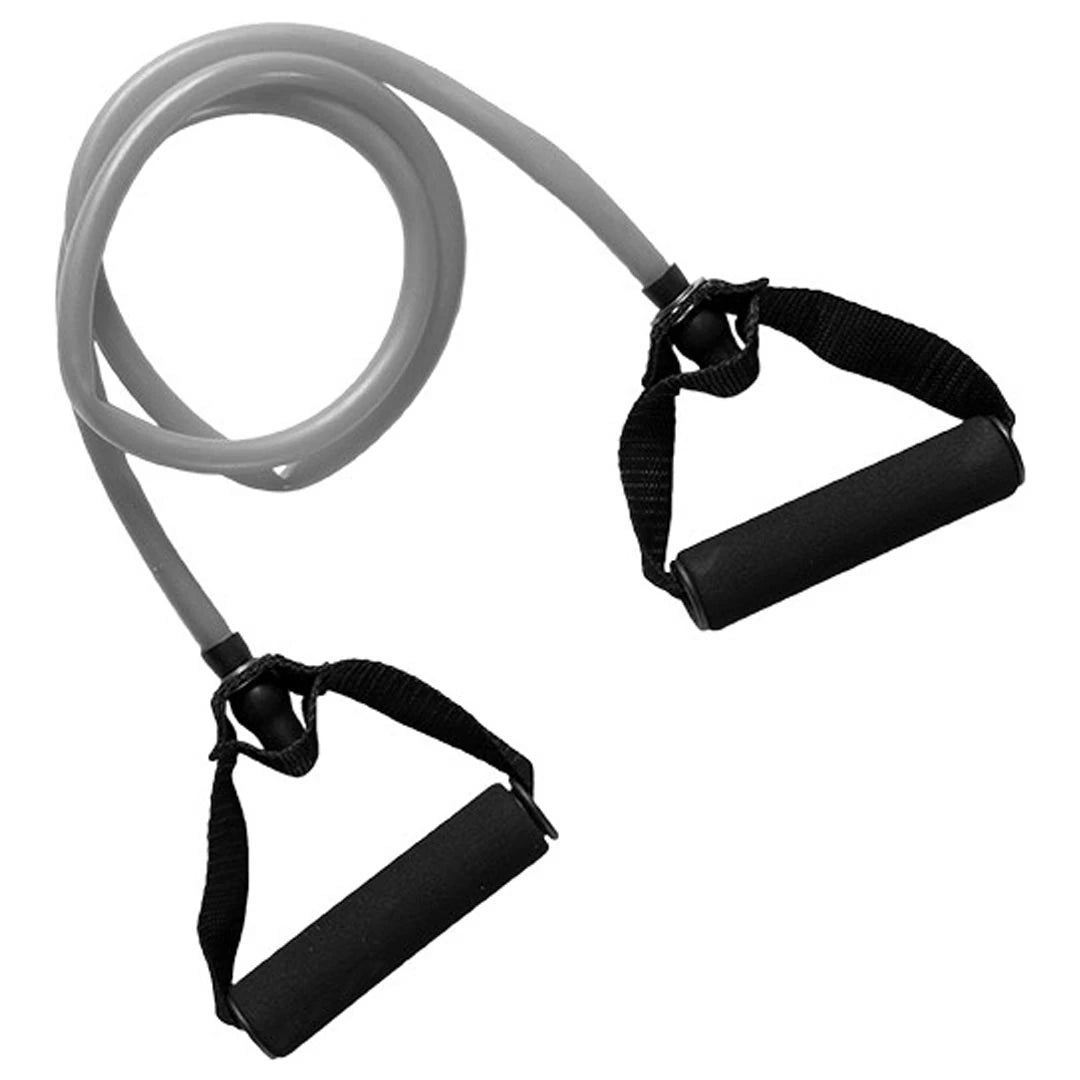 Virtufit Resistance Cable Medium on harmaa vastuskuminauha, jossa on pehmustetut mustat kahvat monipuoliseen harjoitteluun.