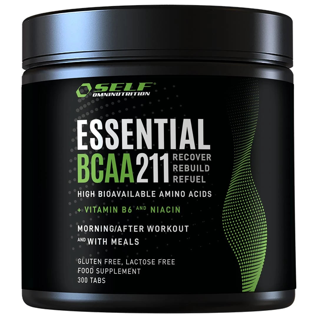 Self Omninutrition Essential BCAA 211 300 tabs -aminohapot mustassa purkissa, jossa on valkoisia ja vihreitä yksityiskohtia.