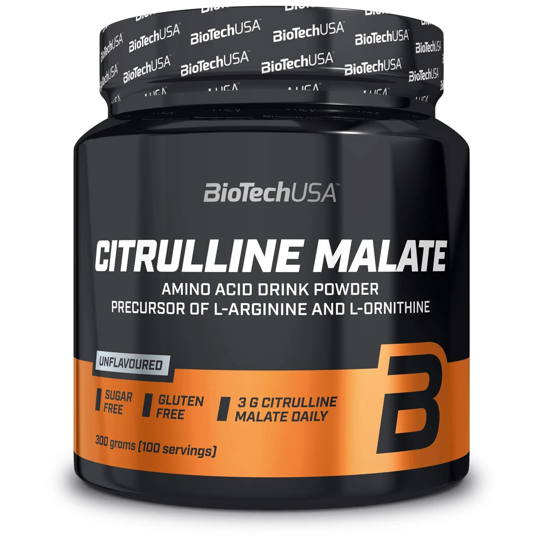 Maustamaton BioTechUSA Citrulline Malate Powder 300 g -aminohappojauhe mustassa muovipurkissa, jossa on oransseja yksityiskohtia.