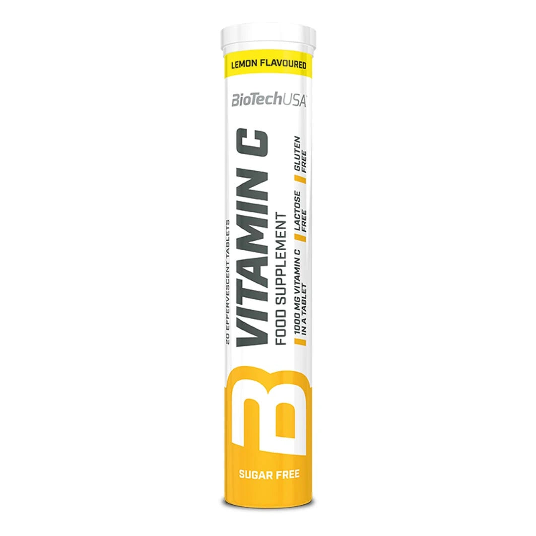 BioTechUSA Vitamin C Effervescent Orange 20 Tabs -poretabletit valko-keltaisessa tuubissa.