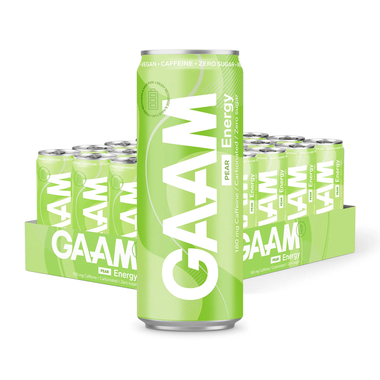 24 x GAAM Energy 330 ml Pear vaaleanvihreässä laatikossa vihreillä tölkeillä ja valkoisella tekstillä.