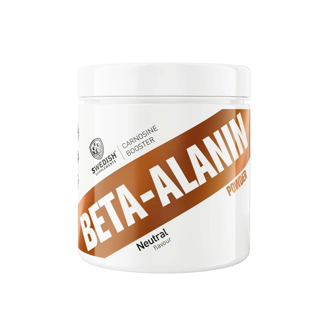 Swedish Supplements Beta-alanin 300 g -jauhe valkoisessa purkissa kuparisella vinoraidalla ja Neutral flavour -tekstillä.