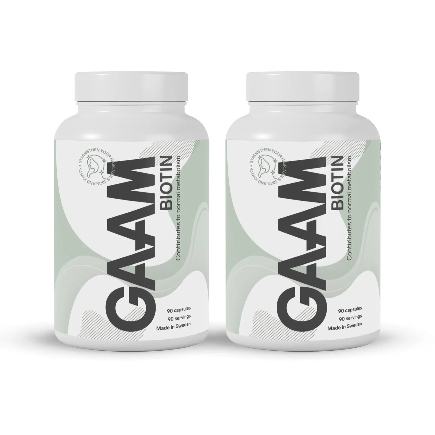 GAAM Biotin 180 caps kahdessa valkoisessa purkissa vaaleanvihreillä ja harmailla yksityiskohdilla.