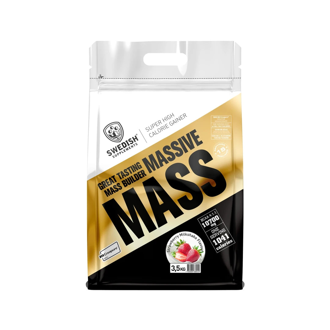 Swedish Supplements Massive Mass 3.5 kg -gainer valko-kulta-mustassa pussissa, makuna Strawberry Milkshake.
