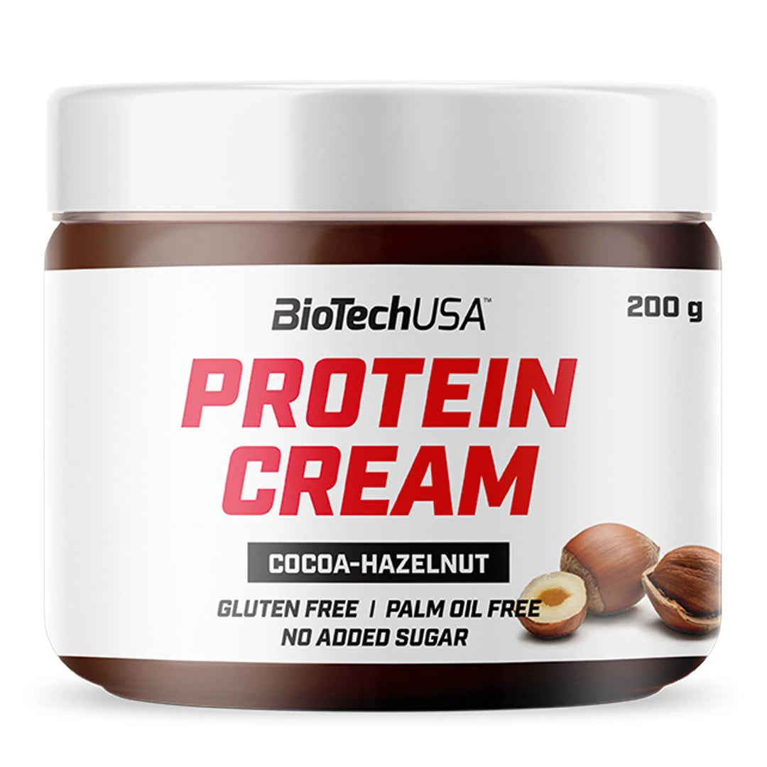 Suklaan ja hasselpähkinän makuinen BioTechUSA Protein Cream 200 g läpinäkyvässä purkissa valkoisella etiketillä.