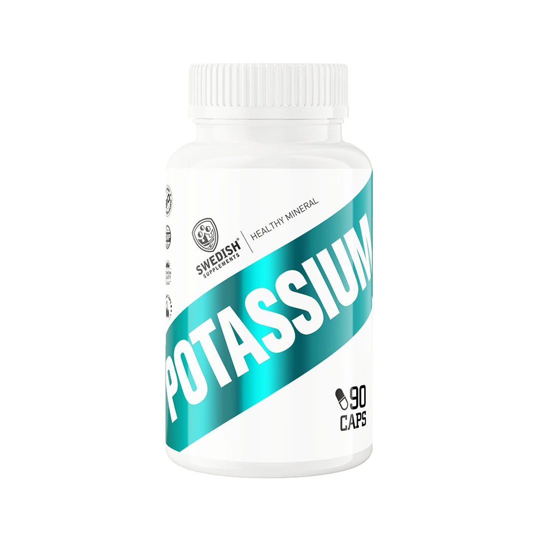 Swedish Supplements Potassium 90 caps valkoisessa purkissa, jossa on turkoosi raita ja selkeä teksti.