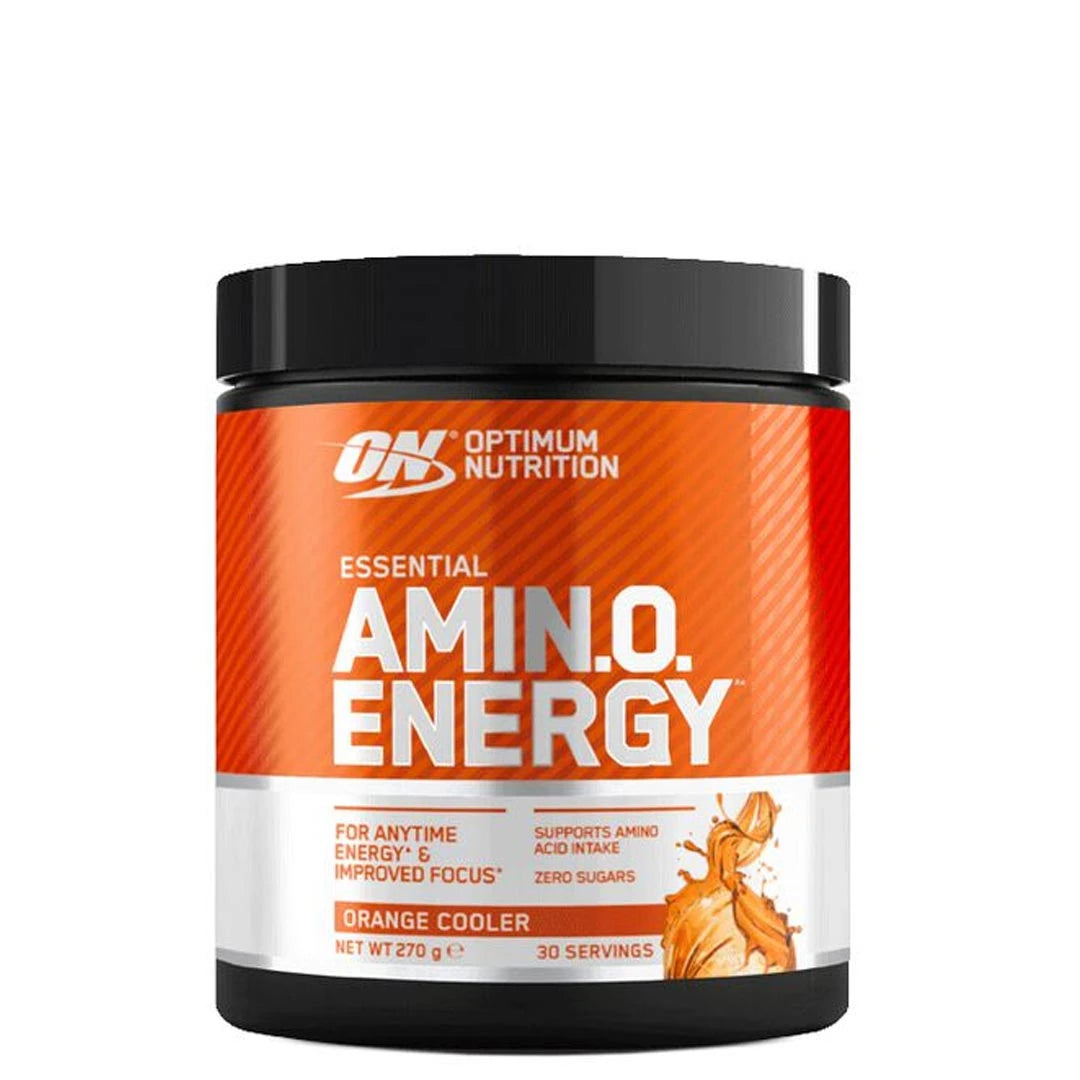 Optimum Nutrition Amino Energy 270 g -aminohappojauhe mustassa purkissa oranssilla etiketillä, makuna Orange Cooler.