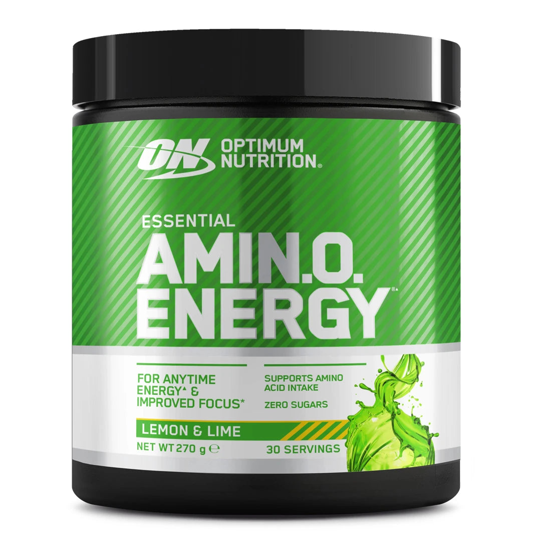 Optimum Nutrition Amino Energy 270 g -aminohappojauhe mustassa purkissa vihreällä etiketillä, makuna Lemon Lime., kuva 2/5