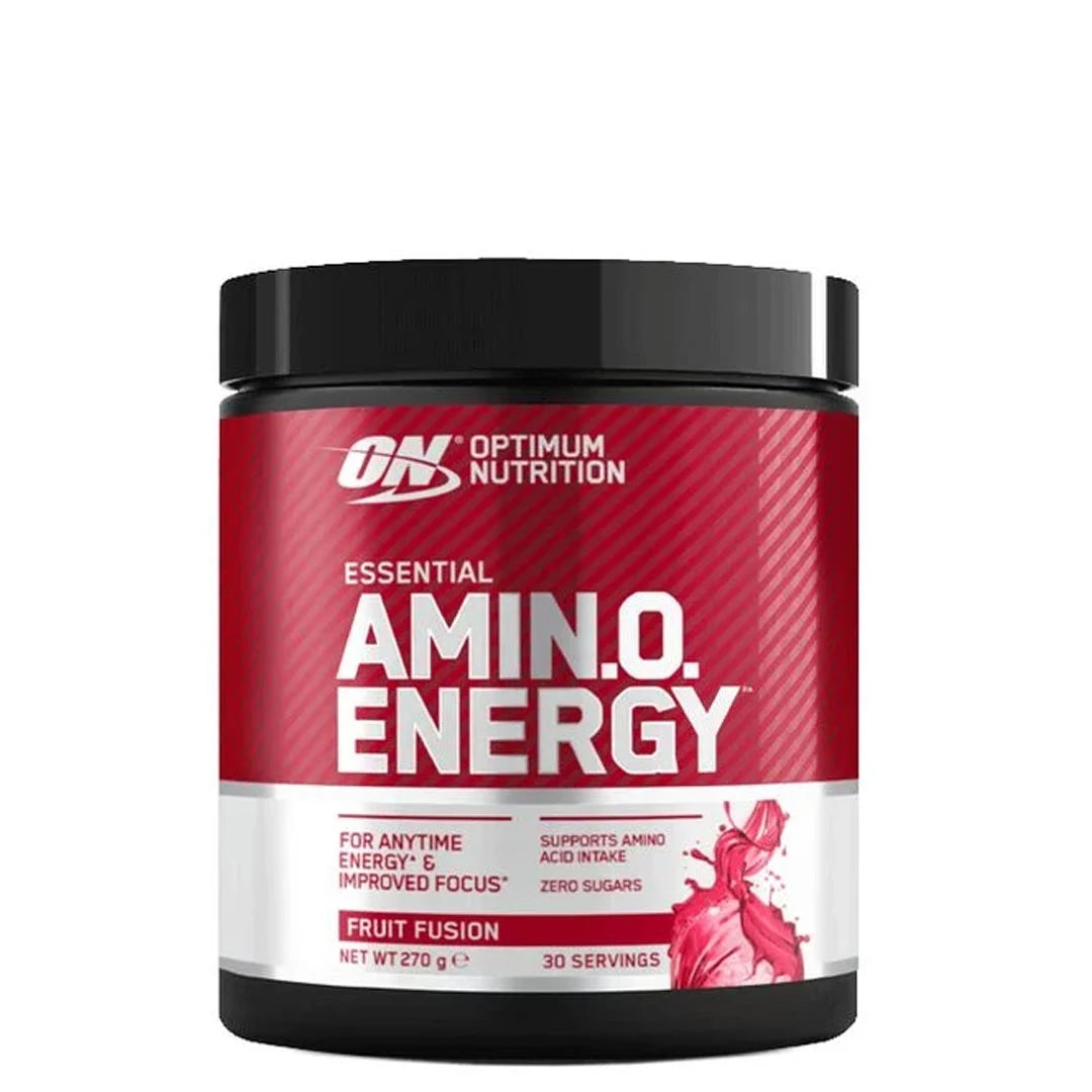 Optimum Nutrition Amino Energy 270 g -aminohappojauhe mustassa purkissa punaisella etiketillä, makuna Fruit Fusion.