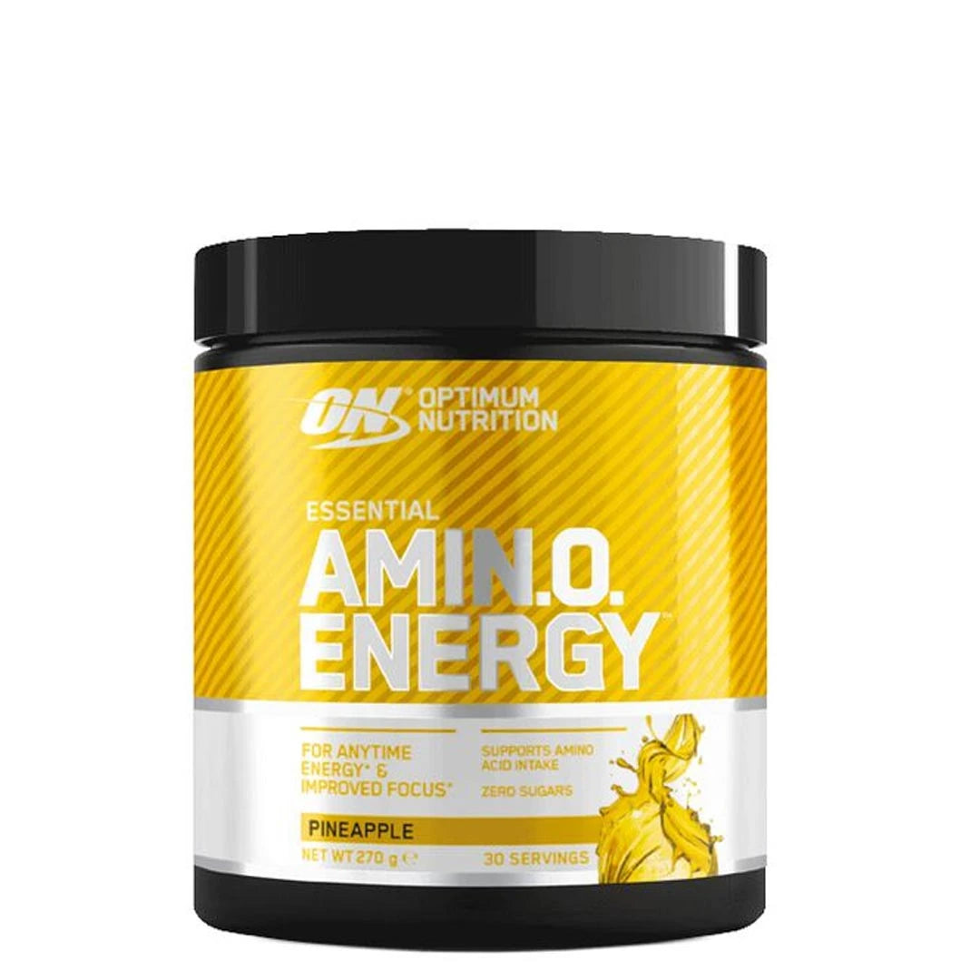 Optimum Nutrition Amino Energy 270 g -aminohappojauhe mustassa purkissa kelta-valkoisella etiketillä, makuna Pineapple., kuva 5/5