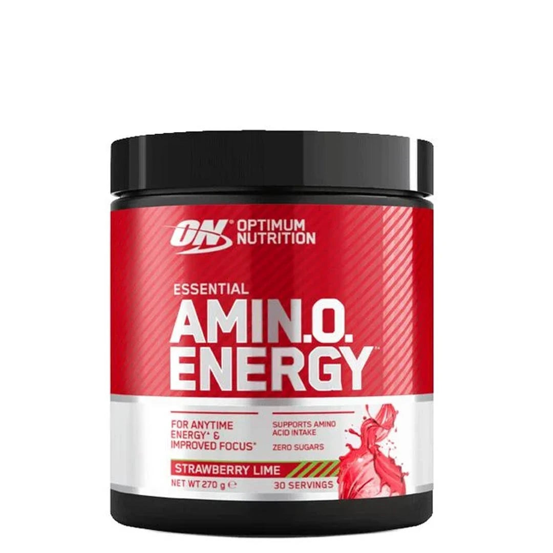 Optimum Nutrition Amino Energy 270 g mustassa purkissa punavalkoisella etiketillä, makuna Strawberry Lime.