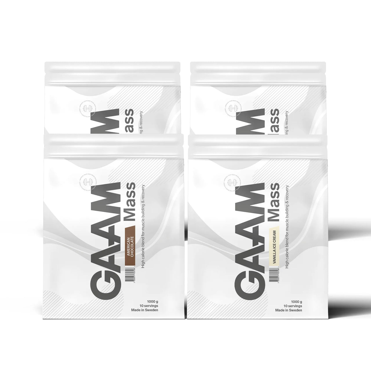4 x GAAM 100% MASS Premium 1 kg -gainer valkoisissa pusseissa mustilla yksityiskohdilla, useita eri makuja.