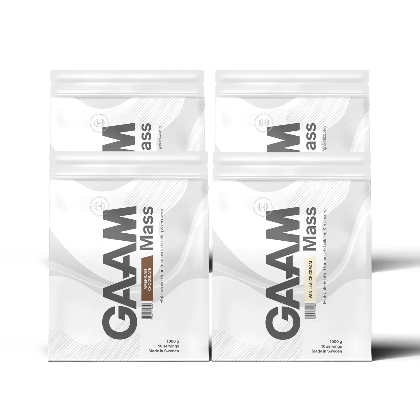 4 x GAAM 100% MASS Premium 1 kg -gainer valkoisissa pusseissa mustilla yksityiskohdilla, useita eri makuja.