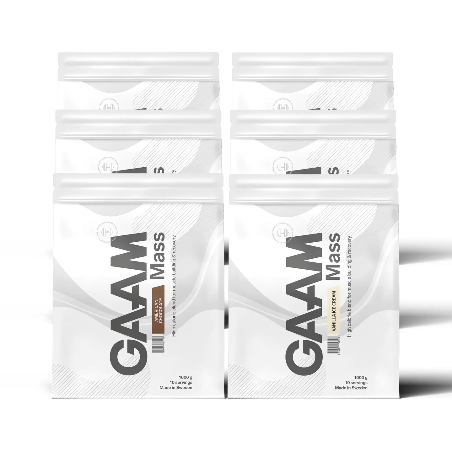 6 x GAAM 100% MASS Premium 1 kg -gaineri kuudessa valkoisessa pussissa harmailla yksityiskohdilla eri mauissa.