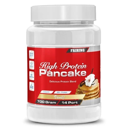 Fairing High Protein Pancake Vanilj -pannukakkusekoitus valkoisessa muovipurkissa, jossa on punainen etiketti.