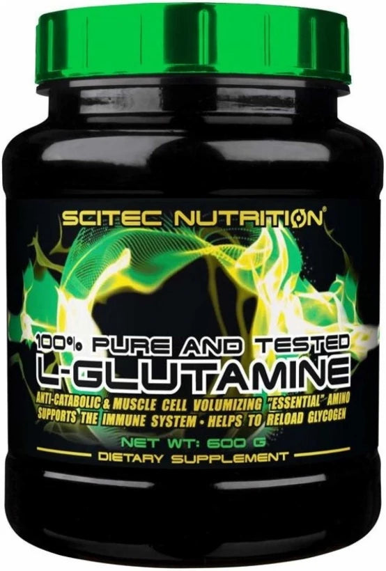 Scitec Nutrition L-Glutamine 300 g mustassa muovipurkissa, jossa on vihreä kansi ja neonvihreitä yksityiskohtia.