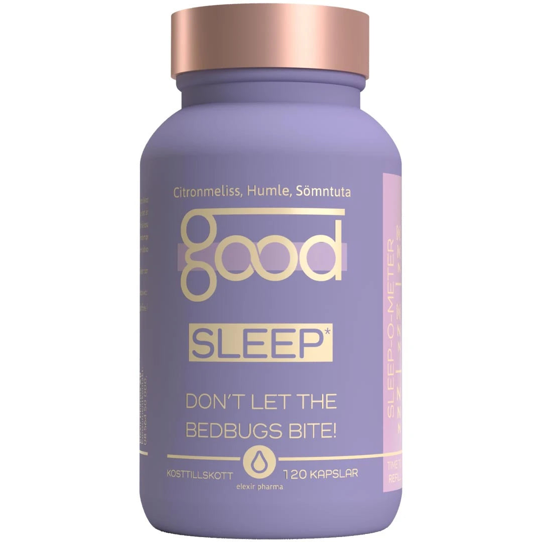 Elexir Pharma Good Sleep 120 caps -uniravintolisä violetissa purkissa kuparinvärisellä kannella.