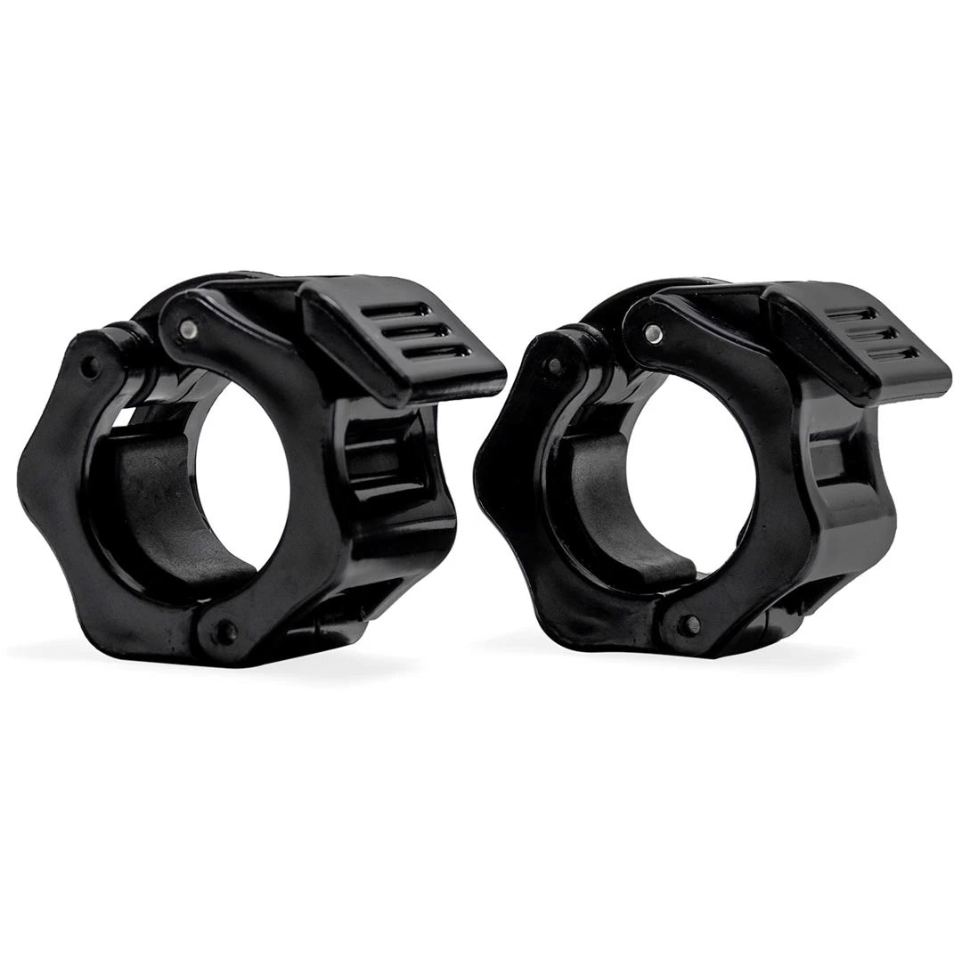Kaksi mustaa Virtufit Jaw Lock Collar 50 mm Black -painolukkoa kestävästä nailonmuovista levytangoille.
