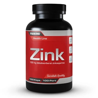 Fairing Zink -kivennäisainelisä mustassa purkissa, jossa on punainen etiketti ja 100 kapselia.