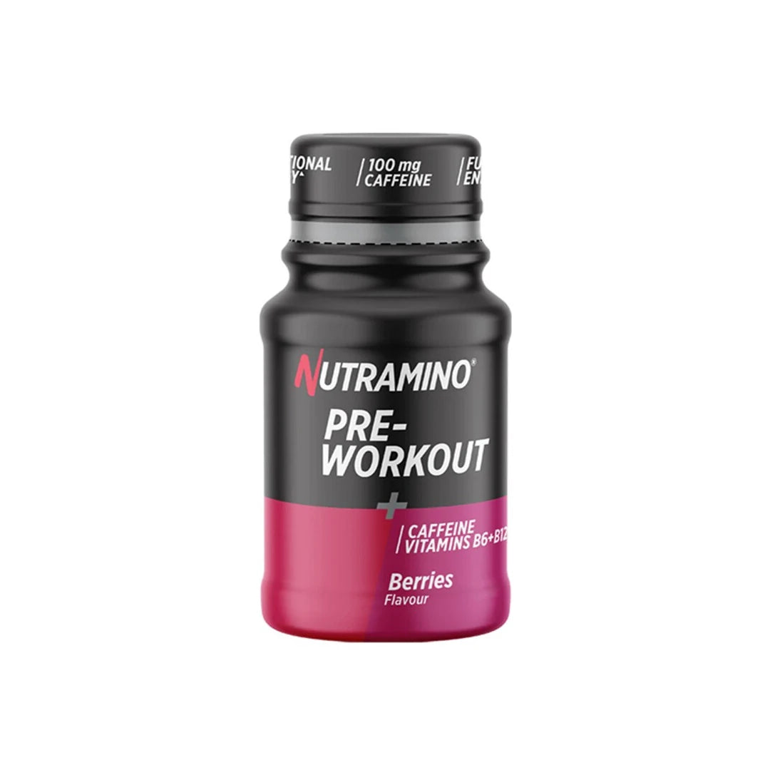 Nutramino +Pro Pre-Workout Shot pienessä mustassa ja pinkissä pullossa, makuna Berries., kuva 1/1