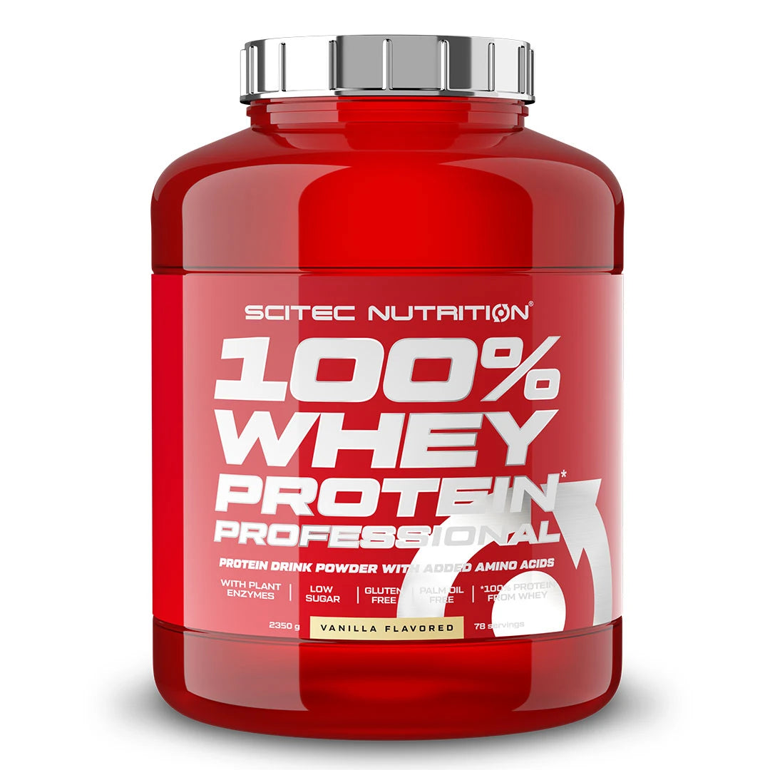Scitec Nutrition 100% Whey Protein Professional 2.35 kg punaisessa purkissa hopeakannella, makuna vanilja.