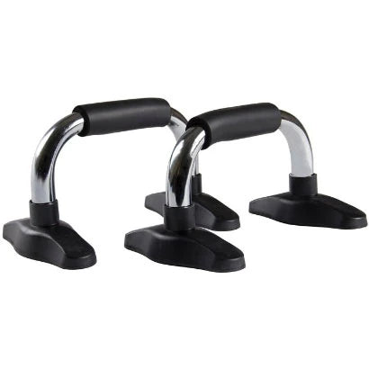 Virtufit Push Up Bars Chrome -punnerruskahvat kromatusta alumiinista, joissa on mustat kädensijat ja jalat.