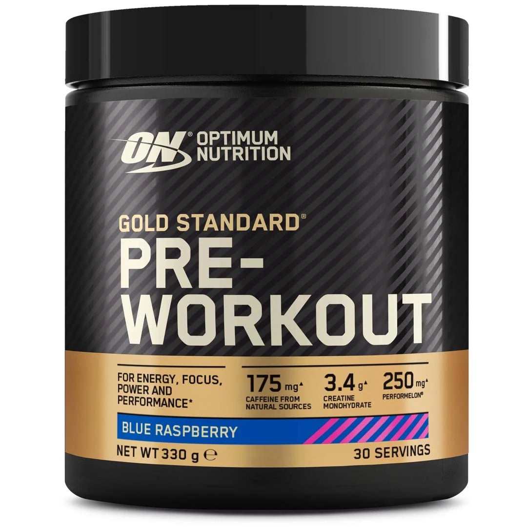 Musta purkki Optimum Nutrition Gold Standard Pre-workout 330 g -tehonlisääjää maussa Blue Raspberry.