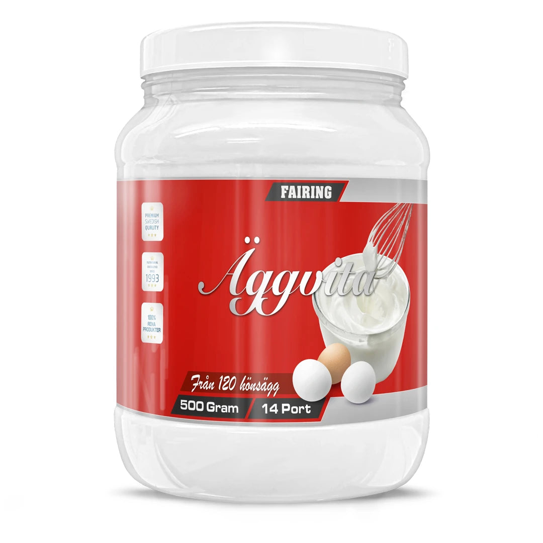 Fairing Äggvita 500 g -proteiininjauhe valkoisessa purkissa, jonka punaisessa etiketissä on vatkattua munanvalkuaista ja kananmunia.