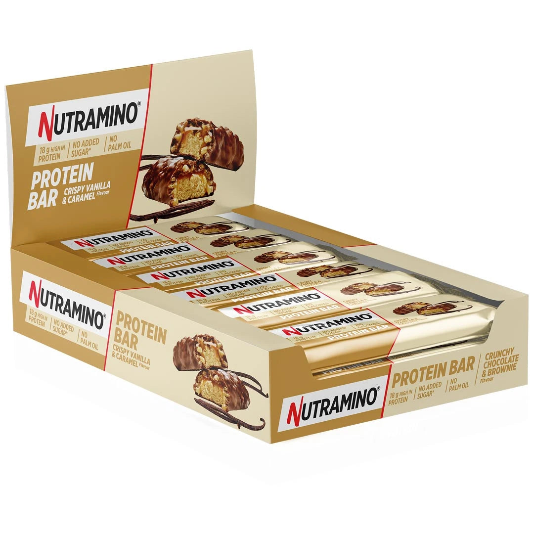 12 x Nutramino Protein Bar 55 g Crispy Vanilla and Caramel beigessä pakkauksessa.