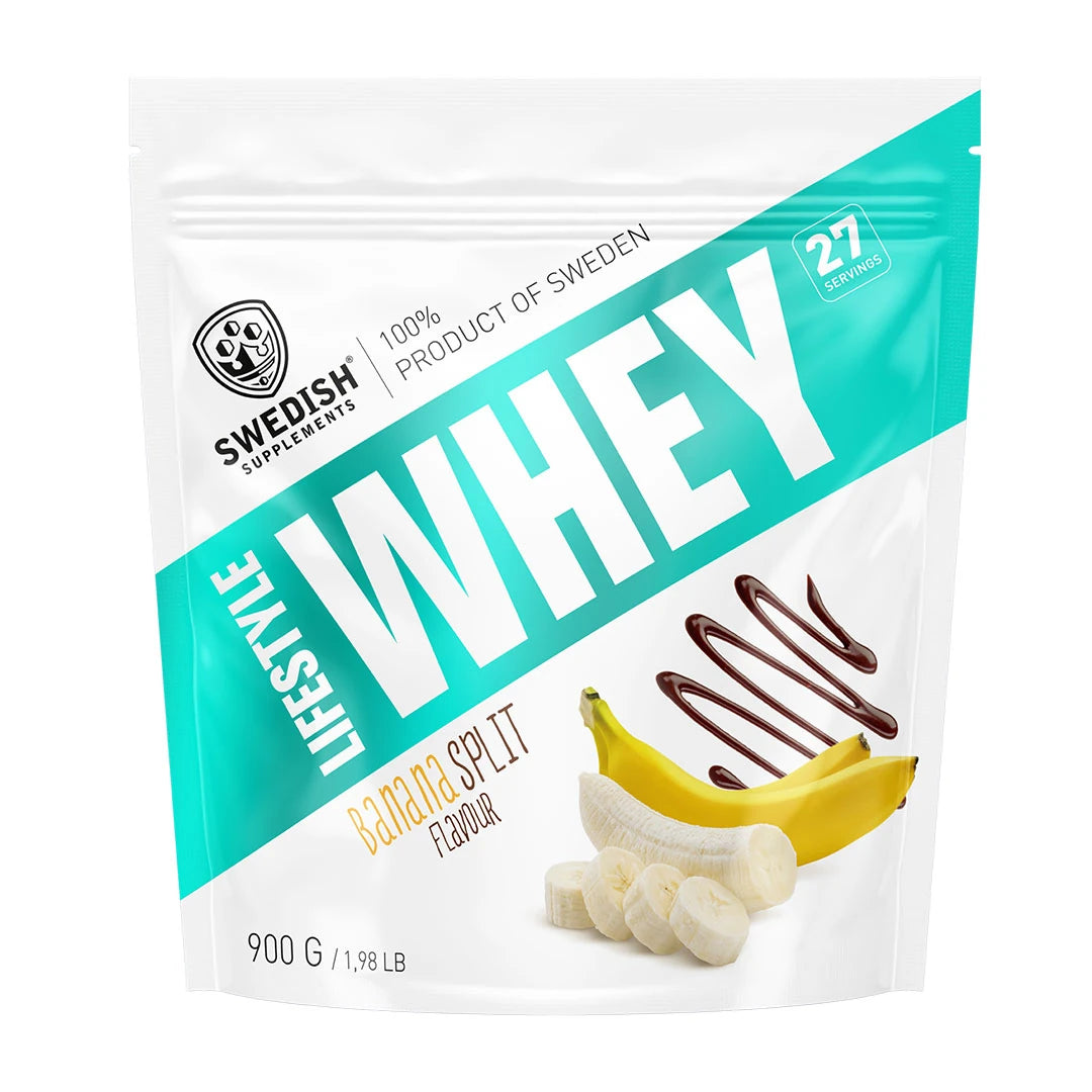 Swedish Supplements Lifestyle Whey 900 g -proteiinijauhe valkoisessa pussissa turkoosein yksityiskohdin ja banaanikuvituksella, makuna Banana Split.