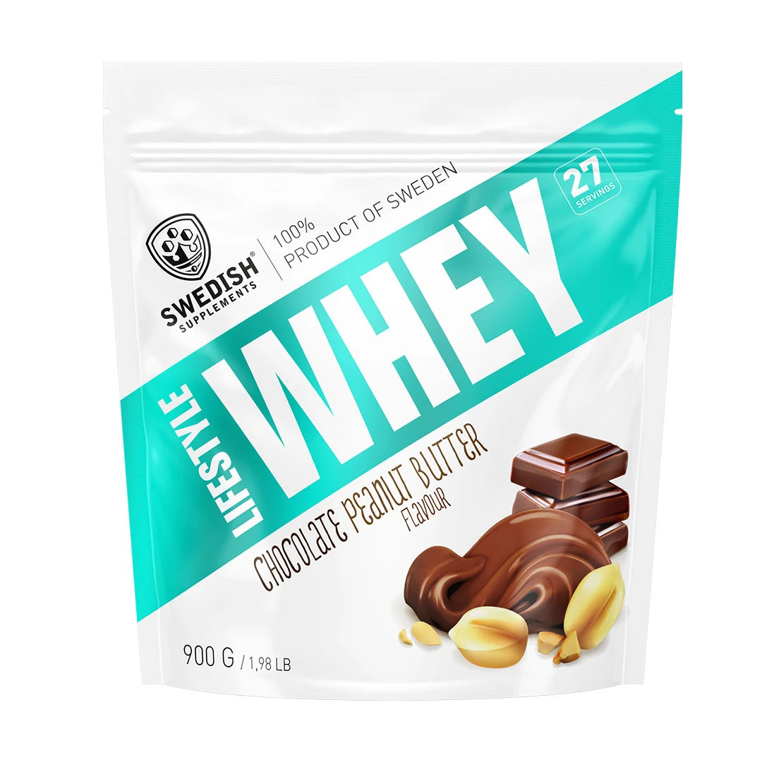 Swedish Supplements Lifestyle Whey 900 g -proteiinijauhe valkoisessa pussissa turkooseilla yksityiskohdilla, makuna Chocolate Peanut Butter., kuva 3/7