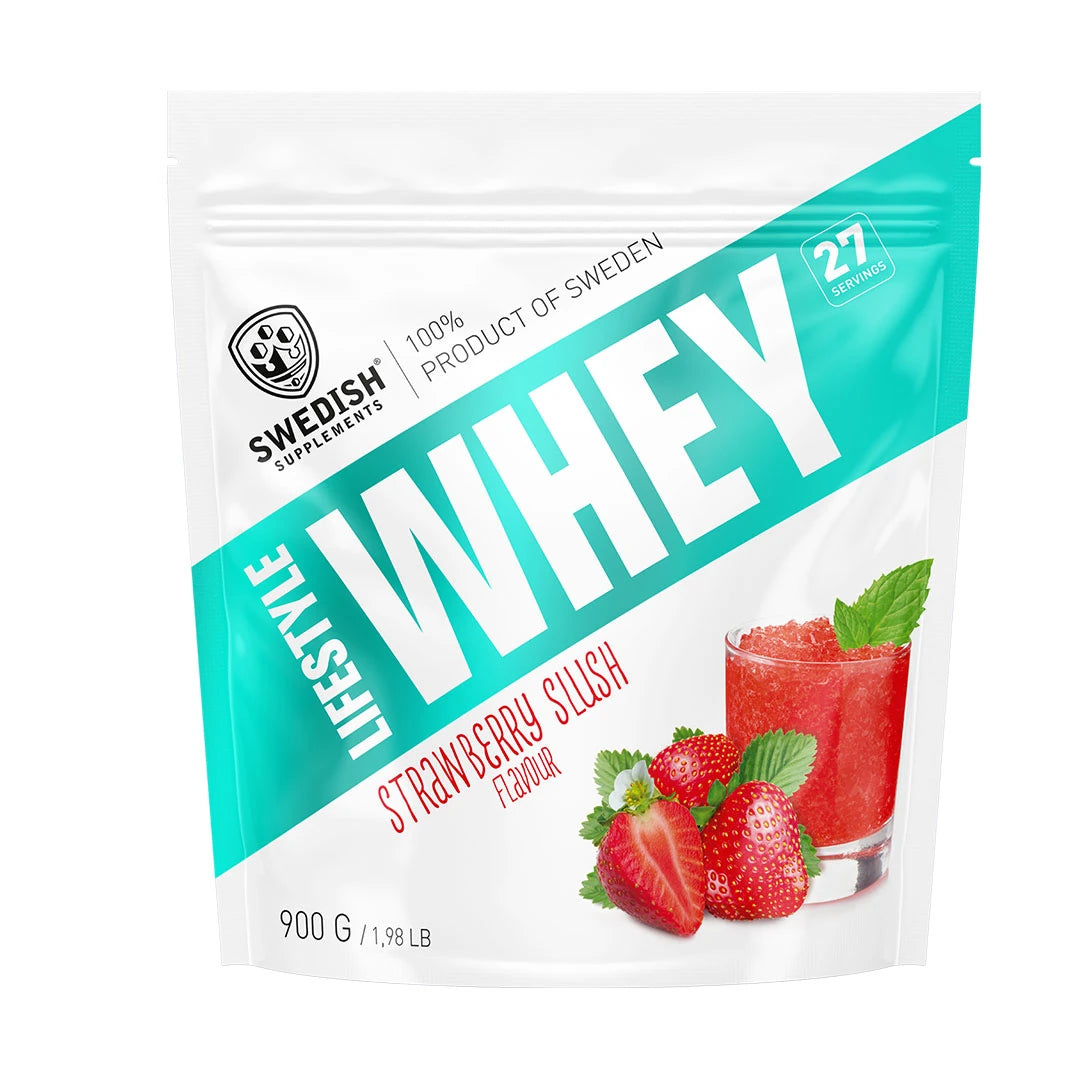 Swedish Supplements Lifestyle Whey 900 g -proteiinijauhe valkoisessa pussissa turkoosilla designilla, makuna Strawberry Slush., kuva 5/7