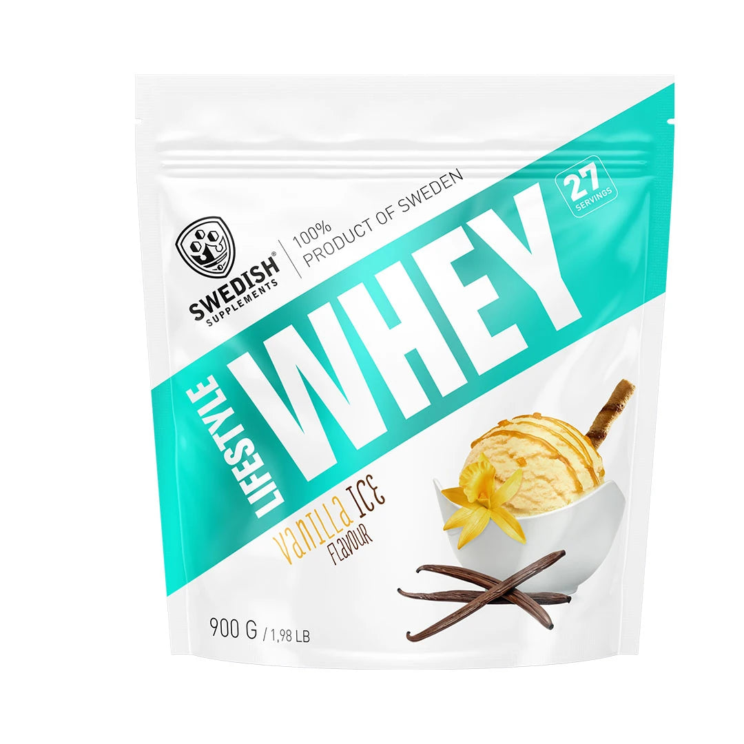 Swedish Supplements Lifestyle Whey 900 g -heraproteiini valkoisessa pussissa turkoosein yksityiskohdin, makuna Vanilla Ice., kuva 6/7