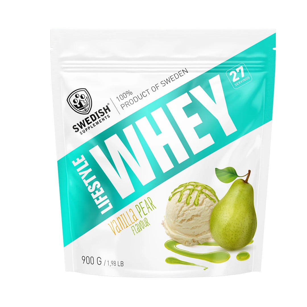 Swedish Supplements Lifestyle Whey 900 g -proteiinijauhe valkoisessa pussissa turkoosein yksityiskohdin, makuna Vanilla Pear., kuva 7/7