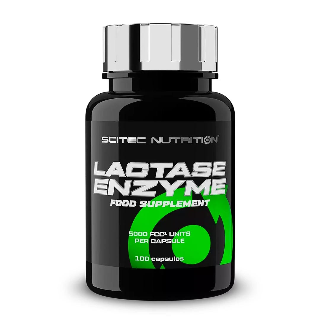 Scitec Nutrition Lactase Enzyme 100 caps mustassa purkissa, jossa on hopeinen kansi ja vihreitä yksityiskohtia etiketissä.
